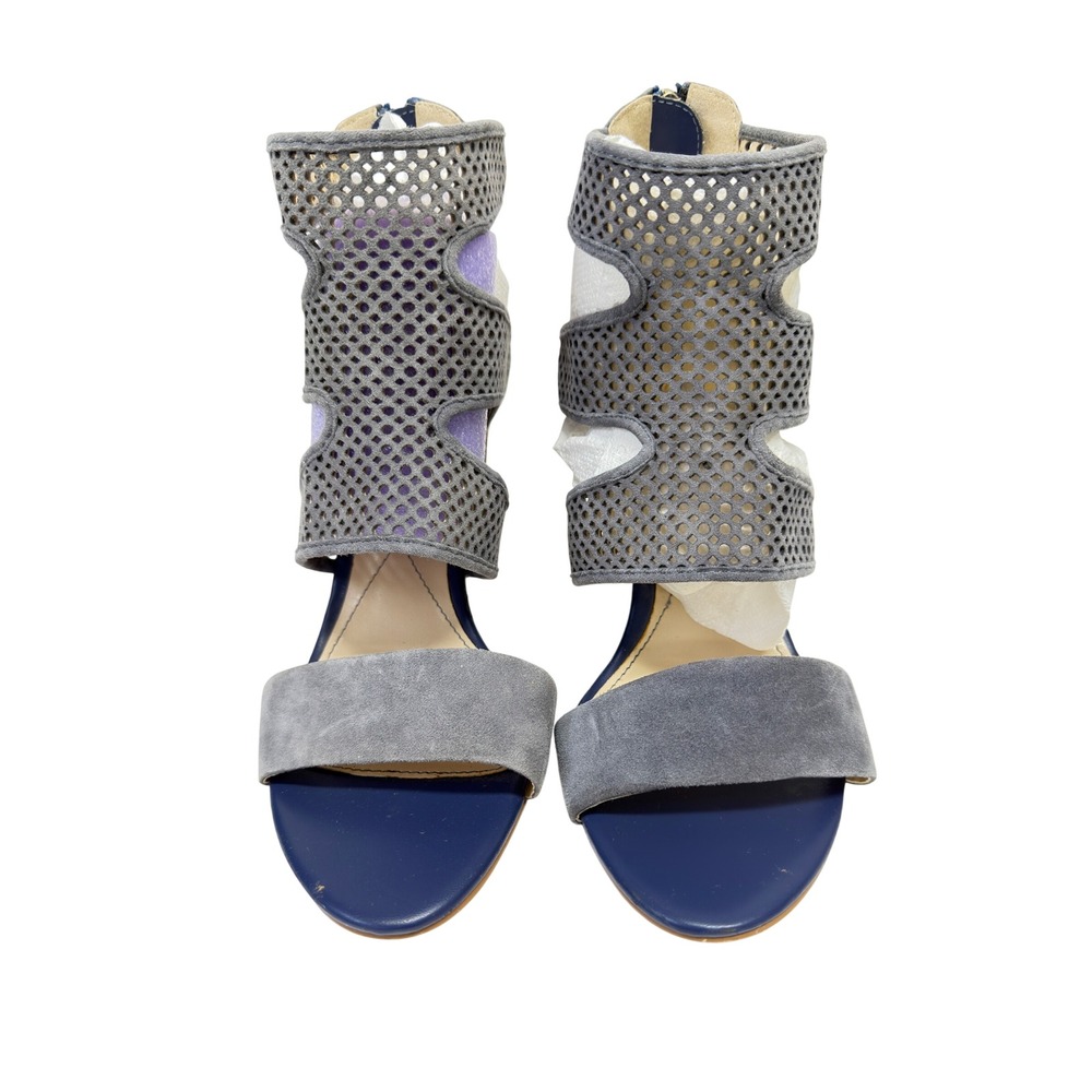 Isola Block Heel perforated Sandals Womens 8.5 Grey Navy Suede Cage Zipper